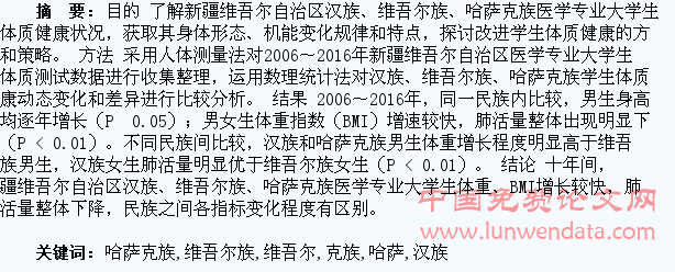 2006～2016年新疆汉族、维吾尔族、哈萨克族医学专业大学生身体形态功能动态比较研究
